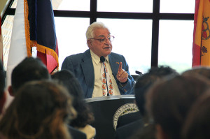 Dr. Alfonso Chiscano remembers the struggles finding the location for the Instituto Cervantes in San Antonio until finally finding its place with Texas A&M-San Antonio Monday during a signing of Memorandum of Understanding in the Vista Room. Photo by Monica Lamadrid