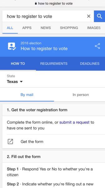 This is what "how to register to vote" Google search looks like in Texas. 