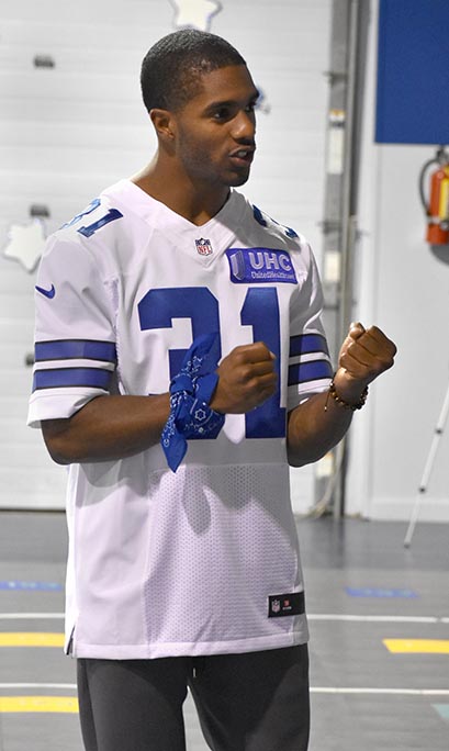 Dallas Cowboys Free Safety, Byron Jones pumps up his team as they prepare to take part in the Dairy Max Breakfast Games. Photo by Aaron Perez