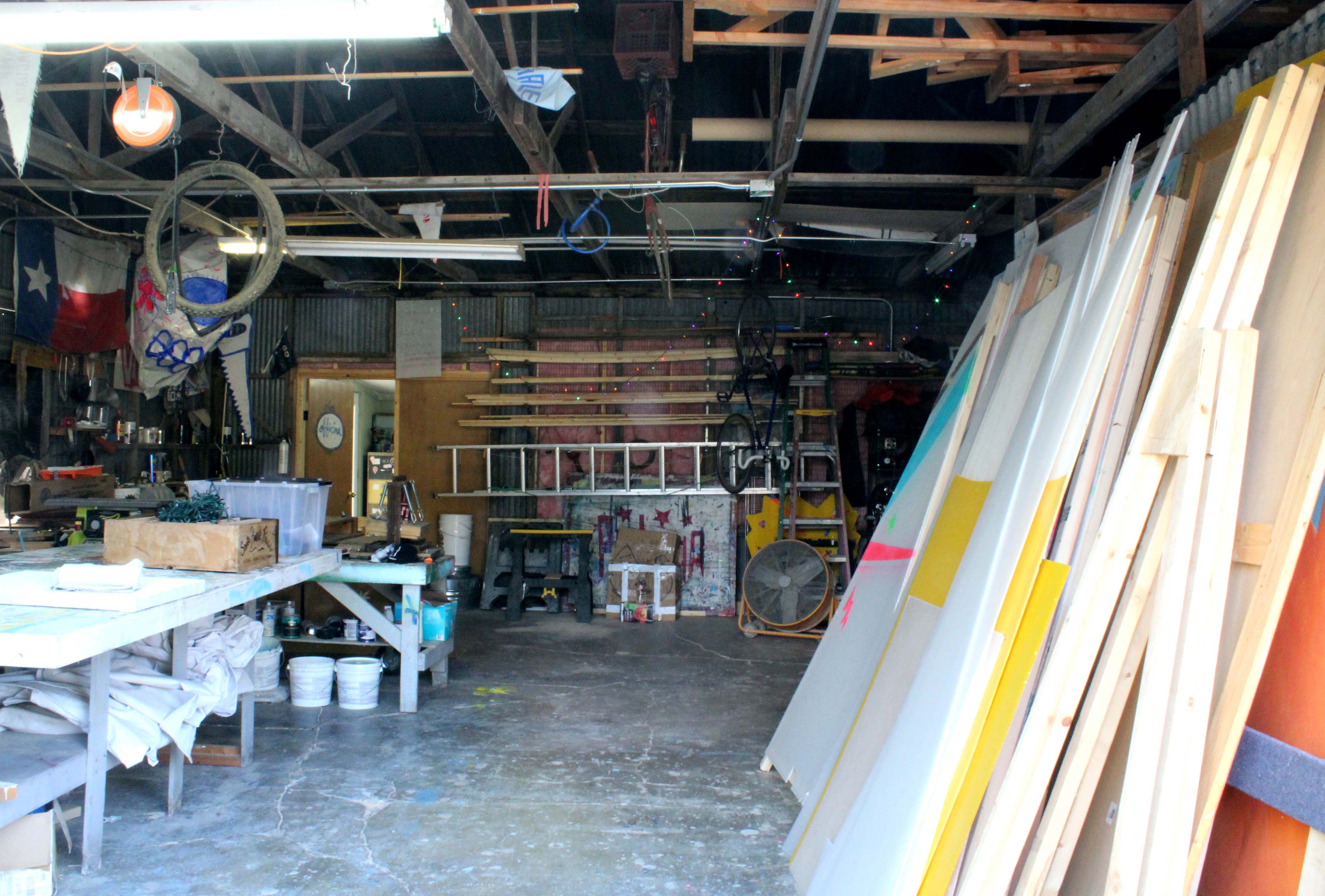 Workshop where Gaby builds canvases and other woodworking projects for Ortiz and Snake Hawk Press.
