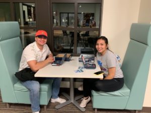 Luis Allenby and his girlfriend Michelle Cazares on Thursday, February 14, 2019 at Texas A&M University-San Antonio. They were playing Battleship in the student Game Room, while waiting for Cazares’ next class to begin and their Valentine's dinner planned for later that evening. Photo by Danielle Lateef. 